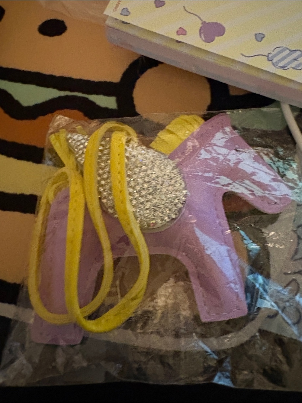 Purple Pony Bag Charm with Yellow Strap and Rhinestone Accent